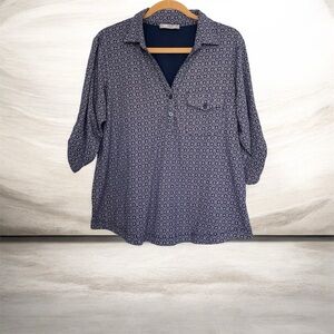 Lee Riders Blue Button Shirt with Purple & White Floral Pattern 3/4 sleeve XL